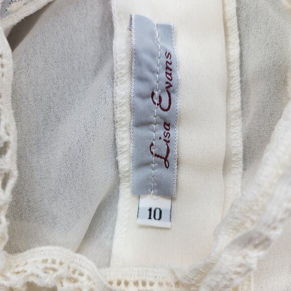 Vintage 80s Lisa Evans Top Women 10 Ivory Chiffon High Neck Lace Overlay Western - Picture 6 of 10